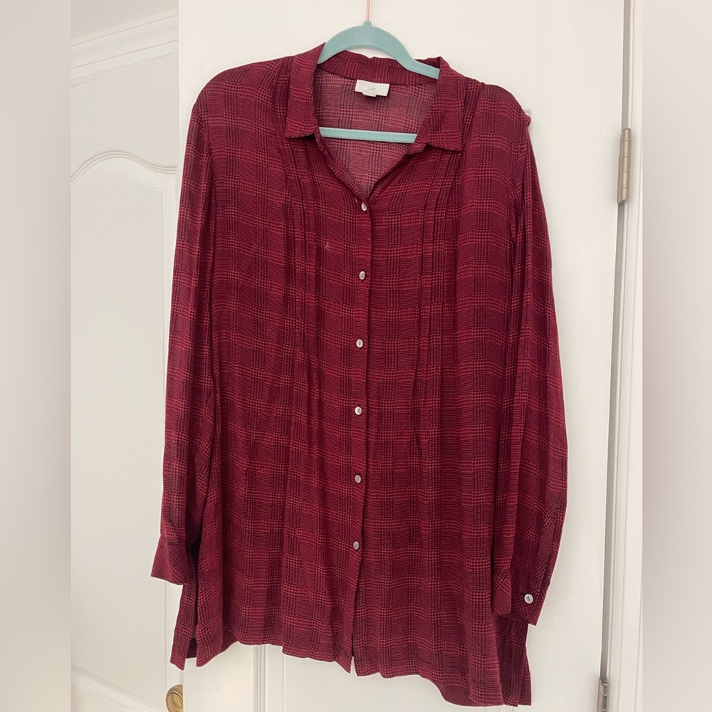 J.Jill Red Black Plaid Houndstooth Button Down Tunic Blouse L - Picture 2 of 6